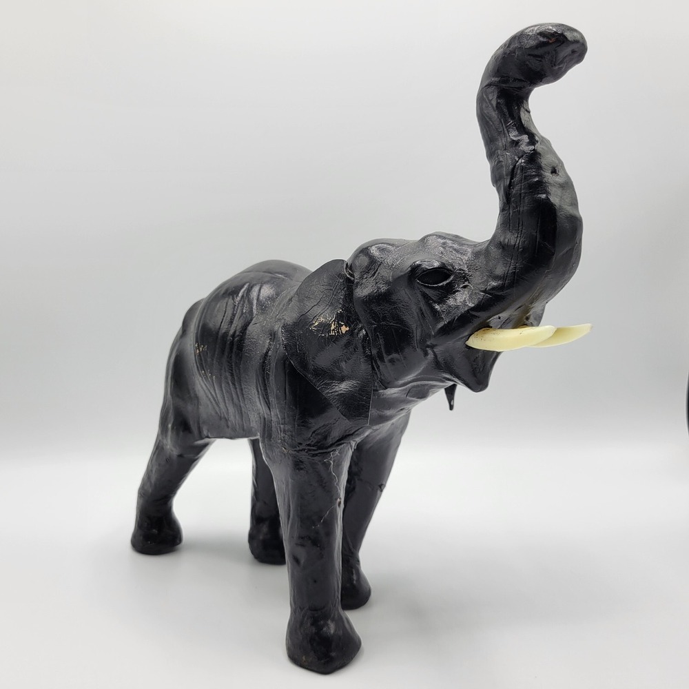 Vtg Elephant Trunk Up Statue Black Leather Wrapped Safari Figure Zoo Luck 10"